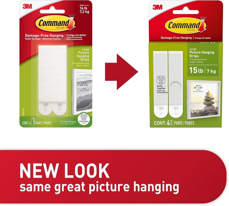Command Large Picture Hanging Strips, 4 Pairs, Damage-Free Frame Mounting, Holds up to 15 lb / 7 kg, for Pictures up to 24 x 36 in, White Wall Adhesive Strips - Image 3