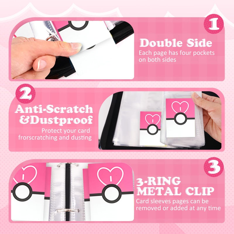 HOHOM Trading Card Binder 4-Pockets, Card Binder Fits 400 Cards with 50 Removable Sleeves, Card Folder for MTG, TCG, Game Cards & Sports Cards-Light pink - Image 4
