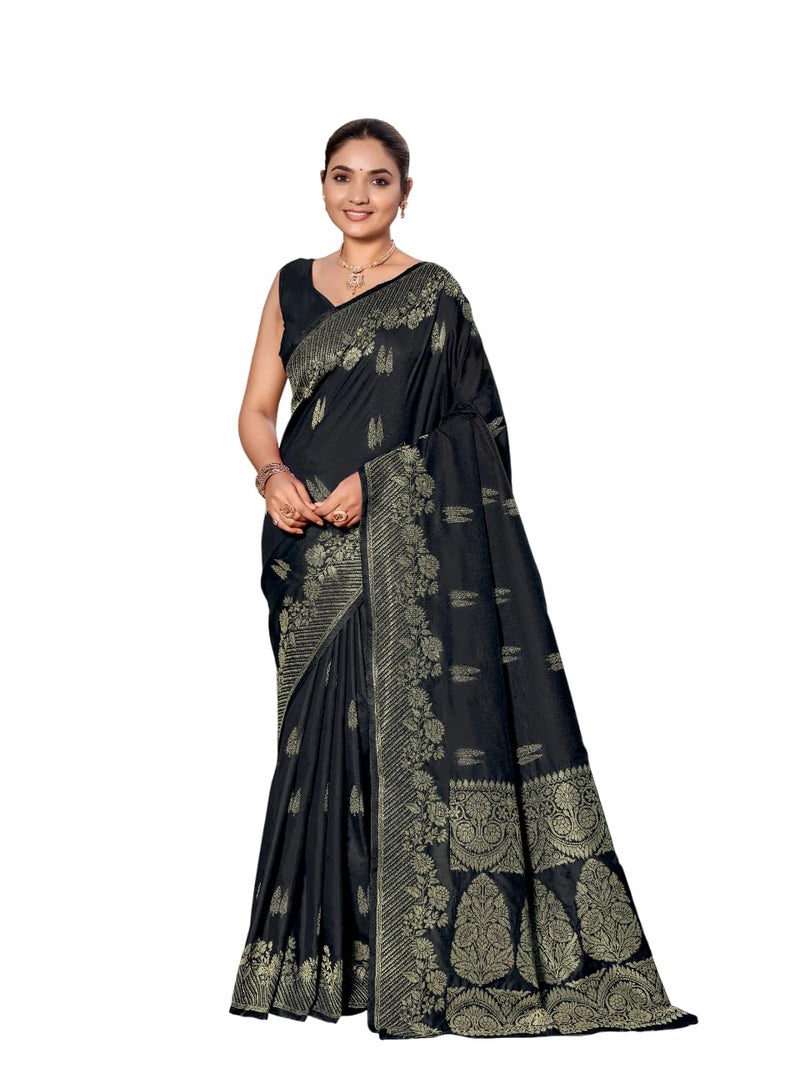 MANOHARI Women's Most Trendy Banarasi Woven Black Saree With Heavy Jacquard Work Saree With Blouse Piece - Image 1