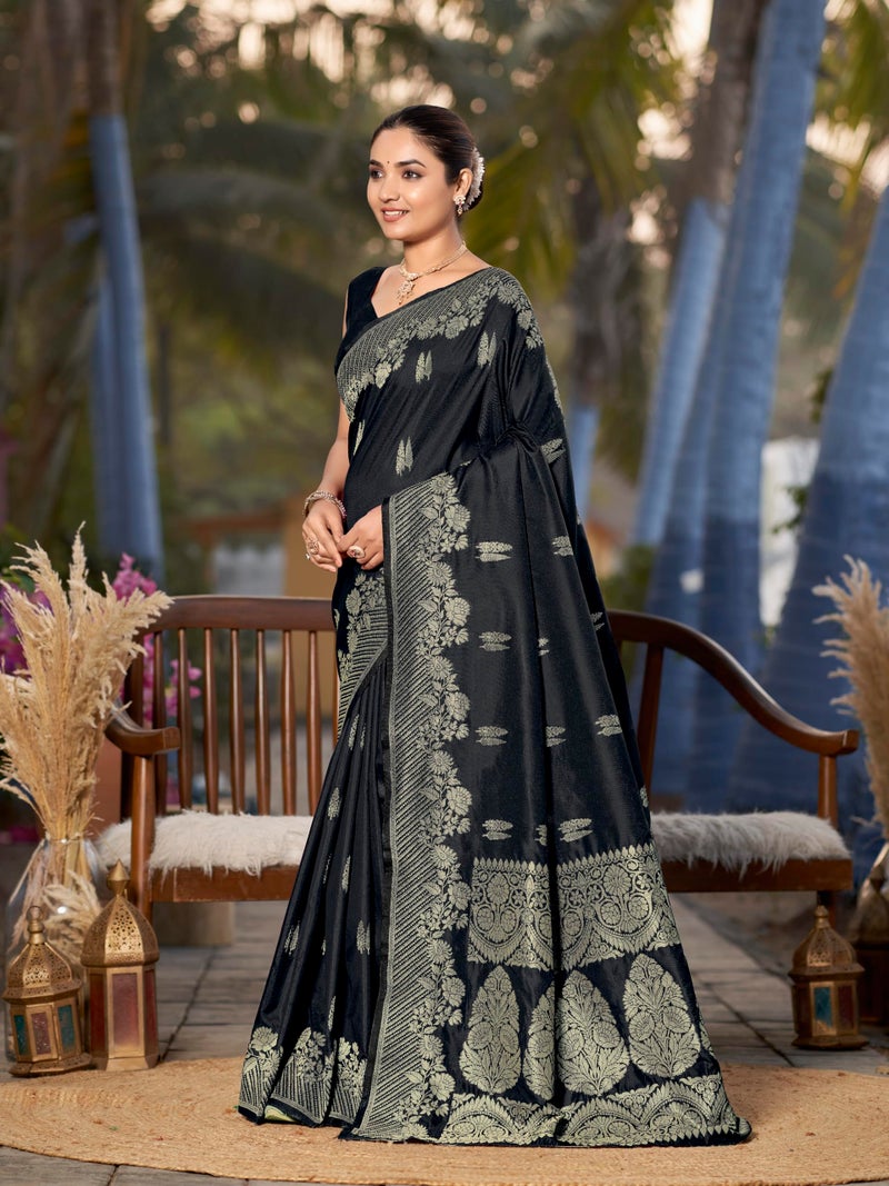MANOHARI Women's Most Trendy Banarasi Woven Black Saree With Heavy Jacquard Work Saree With Blouse Piece - Image 2