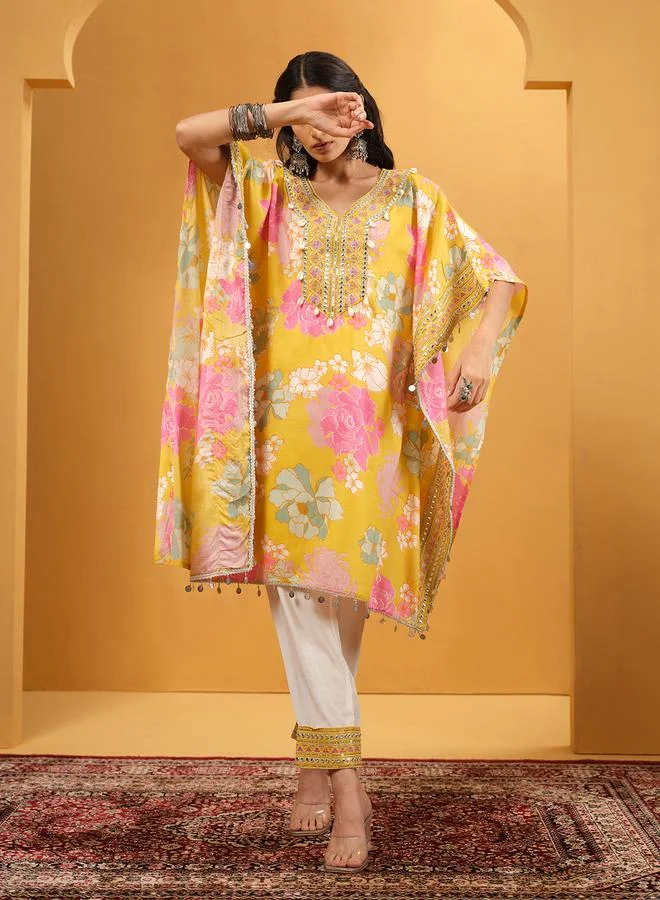 ISHIN Women's Yellow Shantoon Embellished A-Line Kaftan Upperwear Calf Length Palazzo Bottomwear Flowy 2 Peice Kurta Set