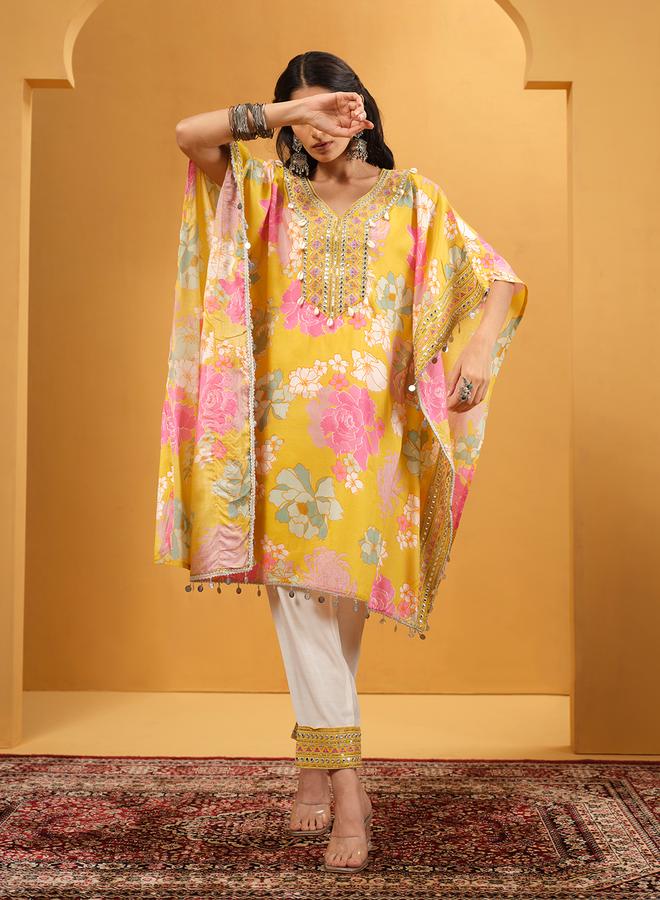 ISHIN Women's Yellow Shantoon Embellished A-Line Kaftan Upperwear Calf Length Palazzo Bottomwear Flowy 2 Peice Kurta Set - Image 1