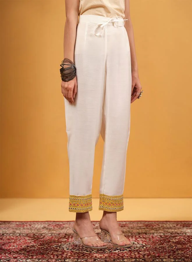 ISHIN Women's Yellow Shantoon Embellished A-Line Kaftan Upperwear Calf Length Palazzo Bottomwear Flowy 2 Peice Kurta Set