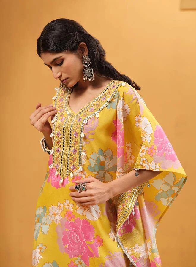 ISHIN Women's Yellow Shantoon Embellished A-Line Kaftan Upperwear Calf Length Palazzo Bottomwear Flowy 2 Peice Kurta Set