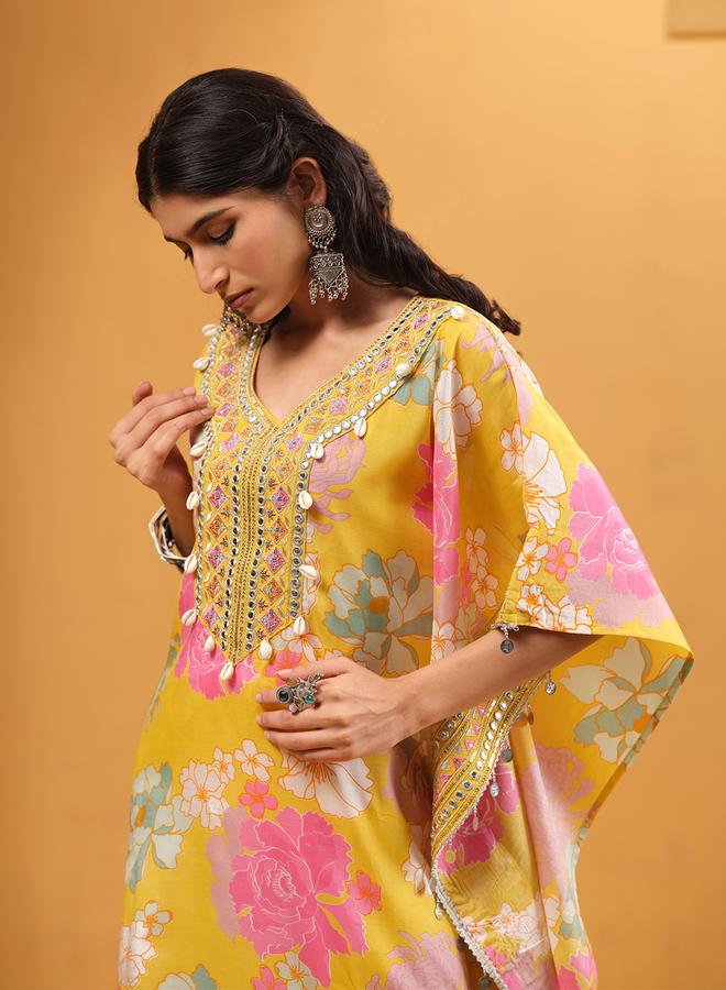 ISHIN Women's Yellow Shantoon Embellished A-Line Kaftan Upperwear Calf Length Palazzo Bottomwear Flowy 2 Peice Kurta Set - Image 3