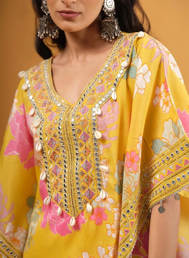ISHIN Women's Yellow Shantoon Embellished A-Line Kaftan Upperwear Calf Length Palazzo Bottomwear Flowy 2 Peice Kurta Set