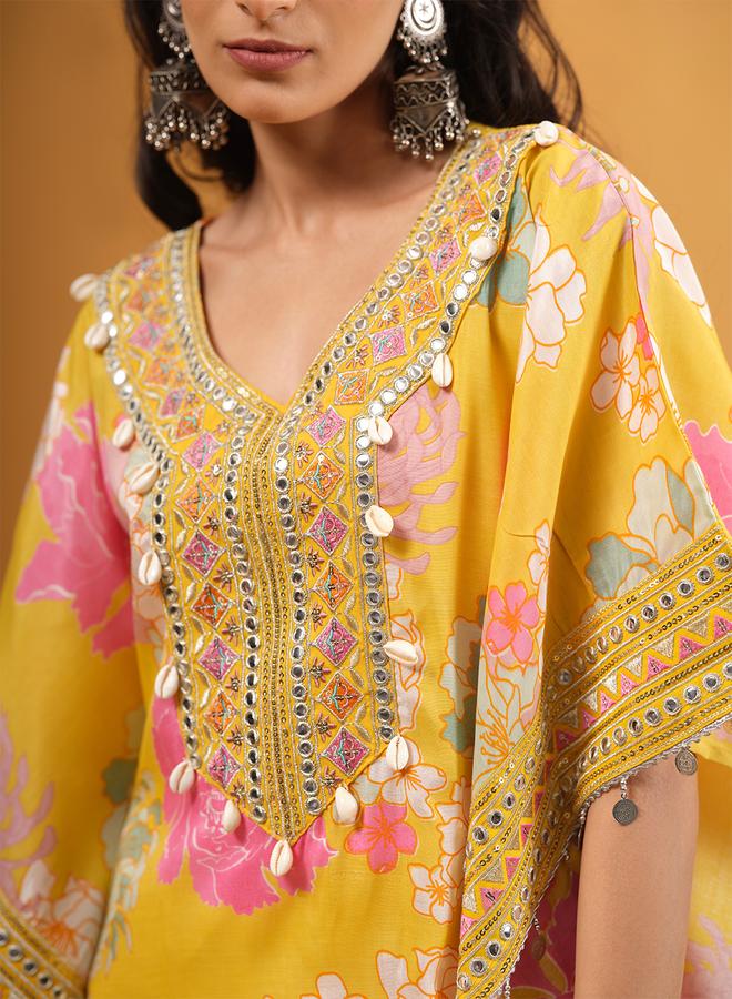 ISHIN Women's Yellow Shantoon Embellished A-Line Kaftan Upperwear Calf Length Palazzo Bottomwear Flowy 2 Peice Kurta Set - Image 5