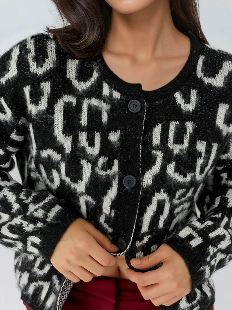 MY FASHION Black MY FASHION Jacquard  Long Sleeve Buttoned Cardigan for Women | Best Price UAE