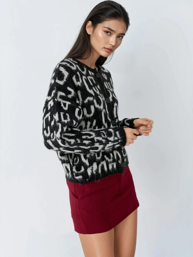 MY FASHION Black MY FASHION Jacquard  Long Sleeve Buttoned Cardigan for Women | Best Price UAE