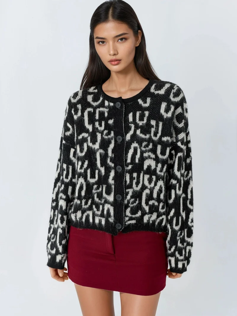MY FASHION Black MY FASHION Jacquard  Long Sleeve Buttoned Cardigan for Women | Best Price UAE