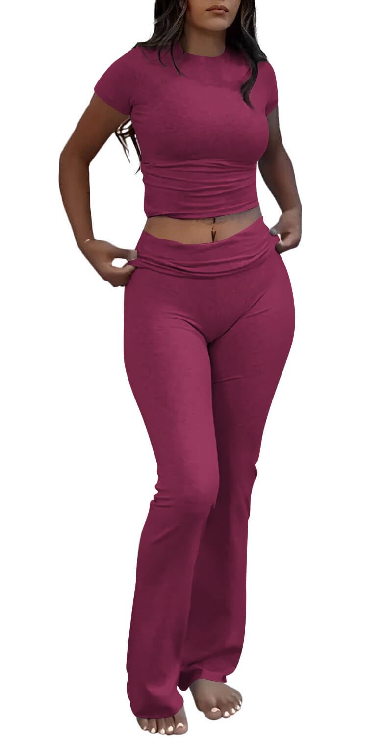 ZFLM Casual Workout Two Piece Outfits for Women Short Sleeve Crop High Waist Foldover Flare Pants Tracksuit Sets Streetwear - Image 1