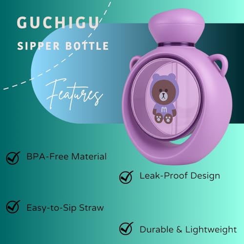 GUCHIGU Kids Sipper Bottle with Straw for Baby | Leak-Proof, BPA-Free Water Bottle with Cute Design Lid & Strap | Easy Grip, 360° Drinking | Baby Toddler Water Sipper Cup (Purple, 360ml) - Image 3