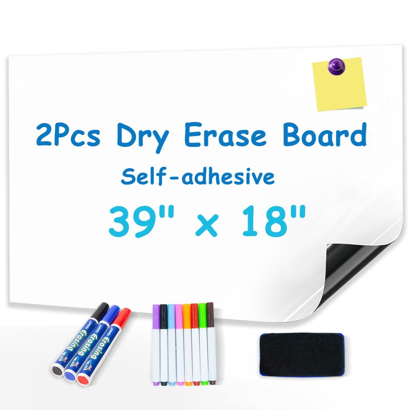 YOUNGJQ 2 Pcs Magnetic Whiteboard Contact Paper 39" x 18'', YOUNGJQ Adhesive Magnetic Dry Erase White Board Sticker for Wall Peel and Stick Wallpaper Easy to Write and Clean for Kids Playroom Office - Image 1