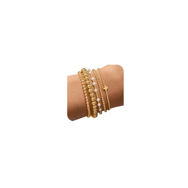 Yoosteel Easter Gifts for Kids Teens Women Toddlers - 14k Gold Plated Beaded Bracelets Set for Women Dainty Round Beaded Cross Pearl Bracelet for Womens Stackable Jewelry Gift 5 Pcs - Image 1