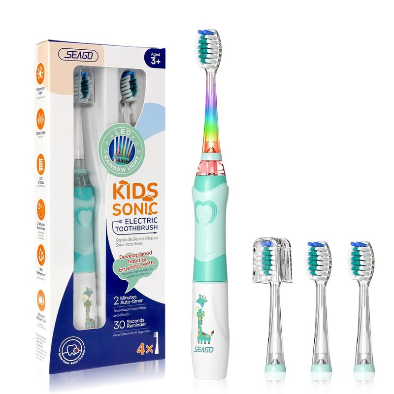 Seago Kids Electric Toothbrush with 2 Mins Brushing Timer and 4 Replacement Bursh Heads, Rainbow LED Light Make Brushing Fun, Green Color Boys Battery Powerd Toothbrush for 4-12 Years Old，SG-977 - Image 1