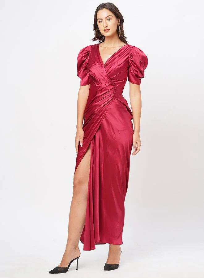 ميش Satin Puff Sleeve Pleated Wrap Maxi Dress by Styli