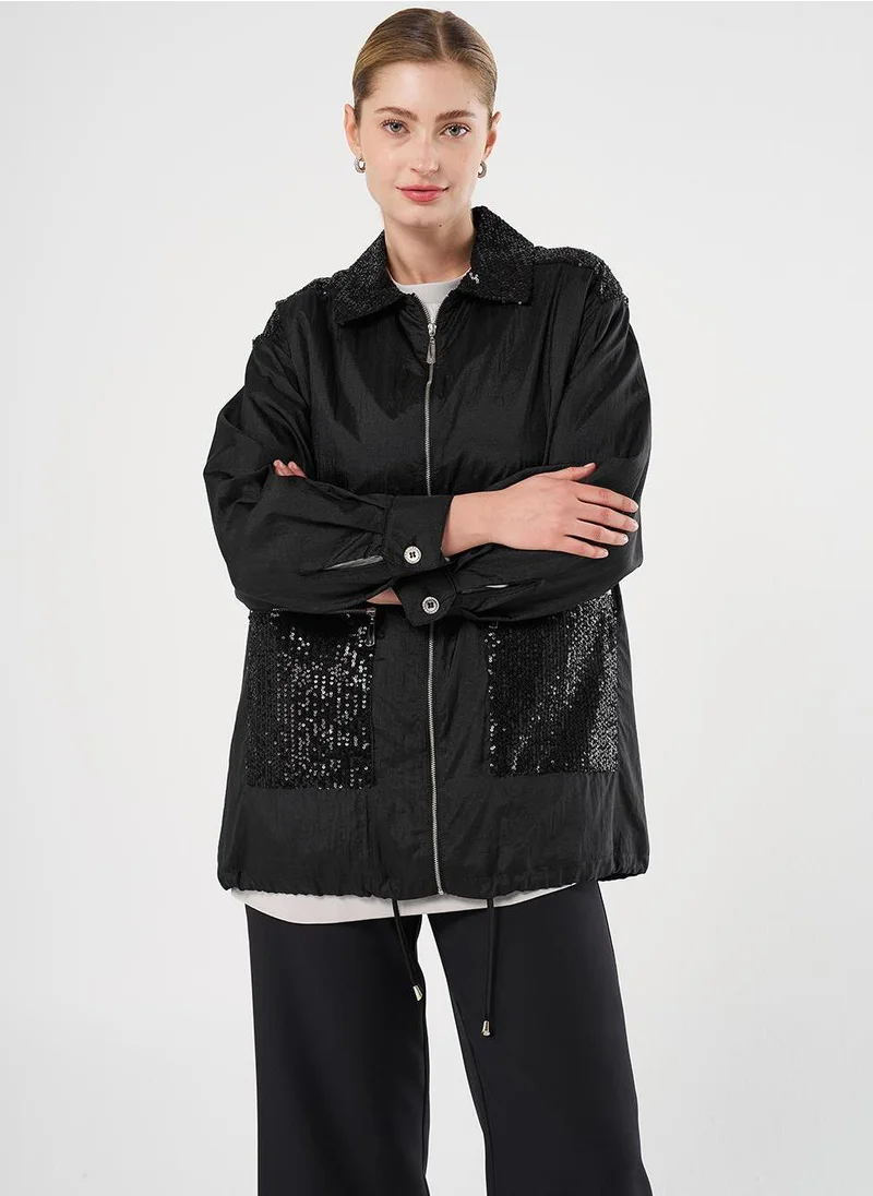 Kayra Sequin-Embroidered Wide Pocket Jacket Black