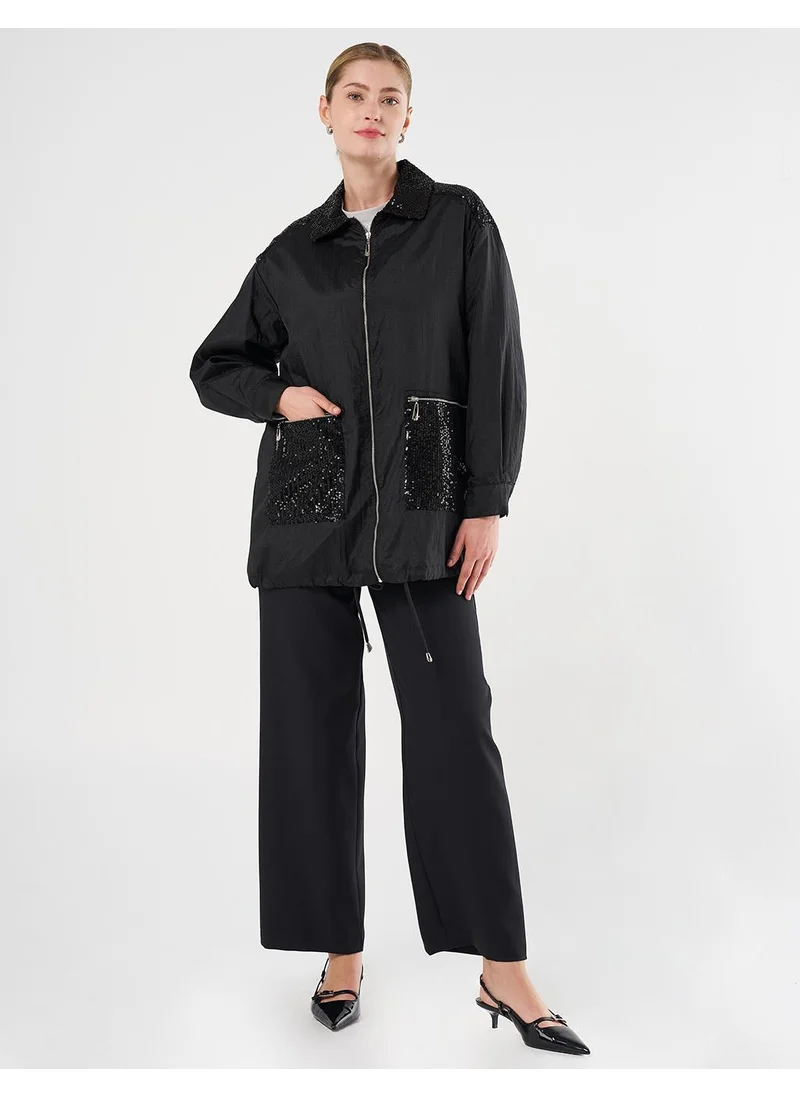 Kayra Sequin-Embroidered Wide Pocket Jacket Black