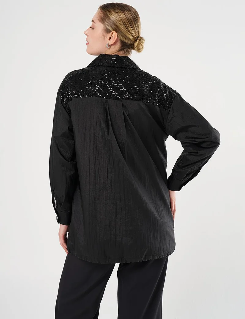 Kayra Sequin-Embroidered Wide Pocket Jacket Black