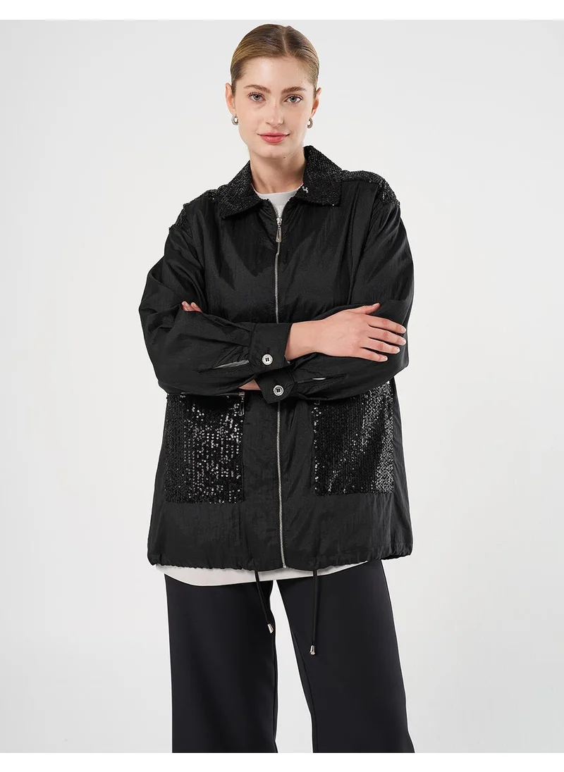 Kayra Sequin-Embroidered Wide Pocket Jacket Black