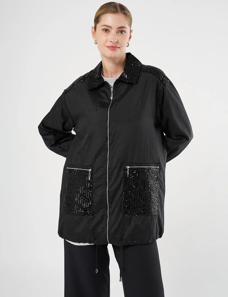 Kayra Sequin-Embroidered Wide Pocket Jacket Black