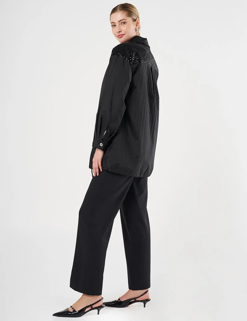 Kayra Sequin-Embroidered Wide Pocket Jacket Black