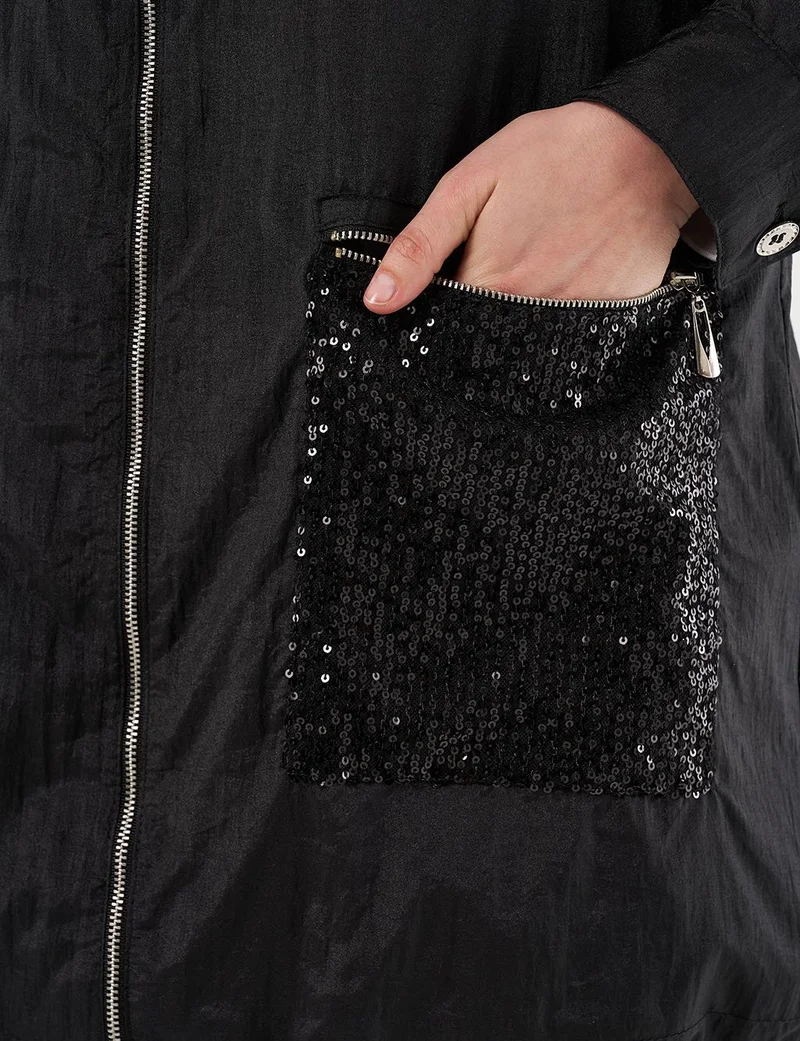 Kayra Sequin-Embroidered Wide Pocket Jacket Black