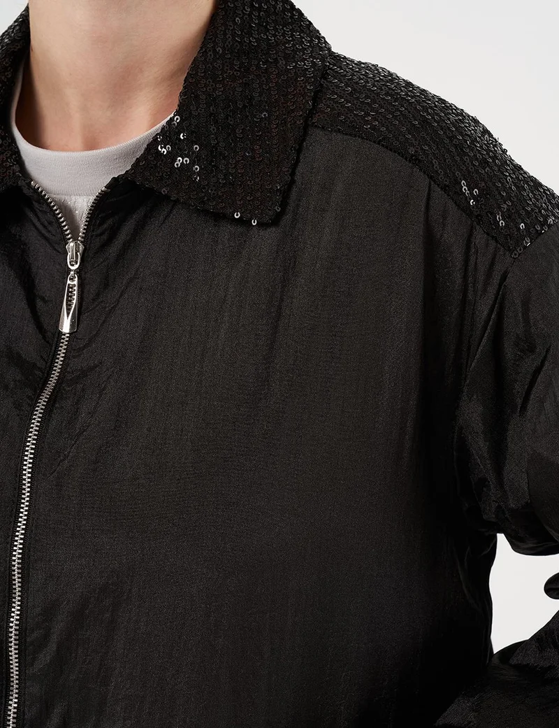 Kayra Sequin-Embroidered Wide Pocket Jacket Black