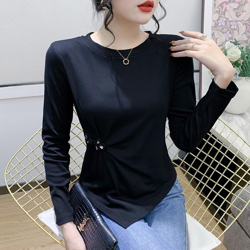 European-style irregular long-sleeved T-shirt women's autumn 2022 new inner undershirt buckle design top for women - Image 3