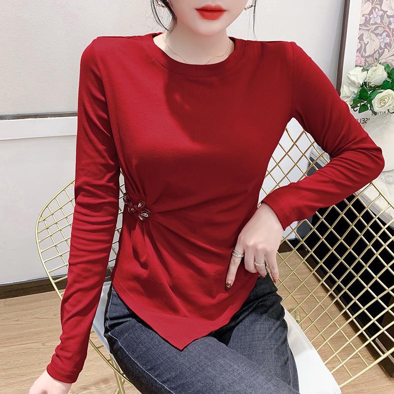 European-style irregular long-sleeved T-shirt women's autumn 2022 new inner undershirt buckle design top for women - Image 1