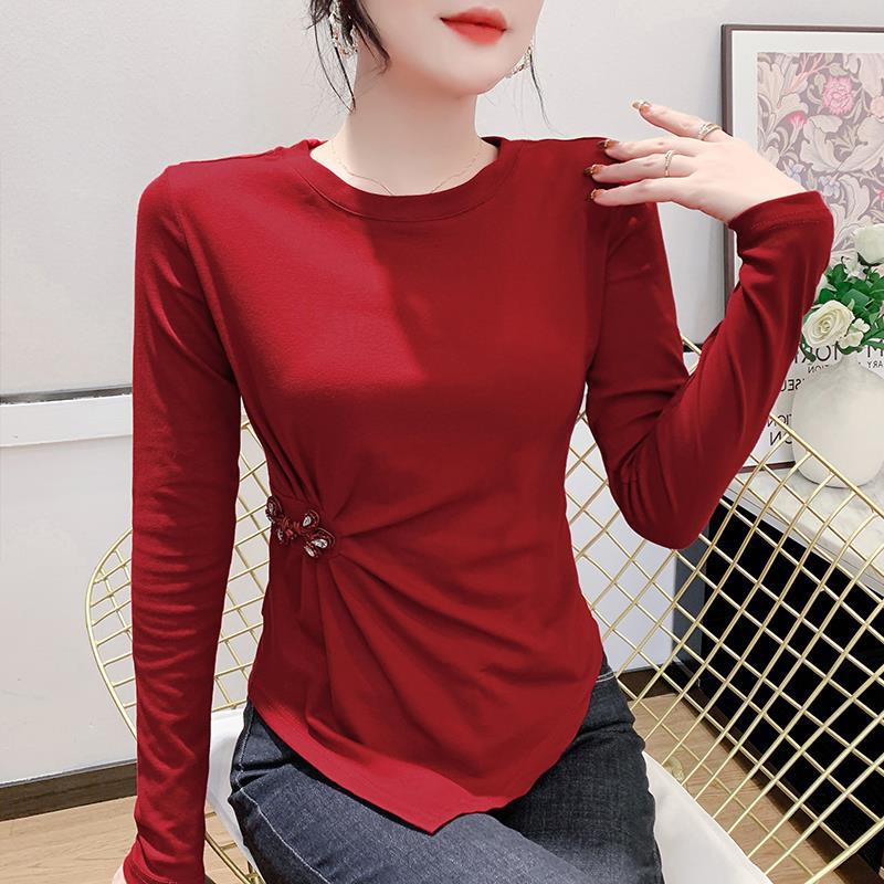 European-style irregular long-sleeved T-shirt women's autumn 2022 new inner undershirt buckle design top for women - Image 2