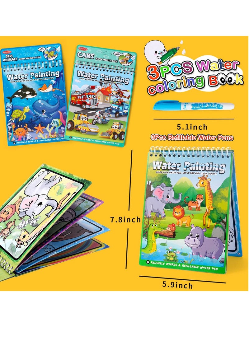 KASTWAVE 3PCS Magic Water Colouring Books Car Animals Water Drawing Doodle with Magic Water Pens Reusable Water Board Painting Pads Educational Gifts Travel Toy for Kids Girls Boys 3 4 5 6+ Years Old  - Image 2