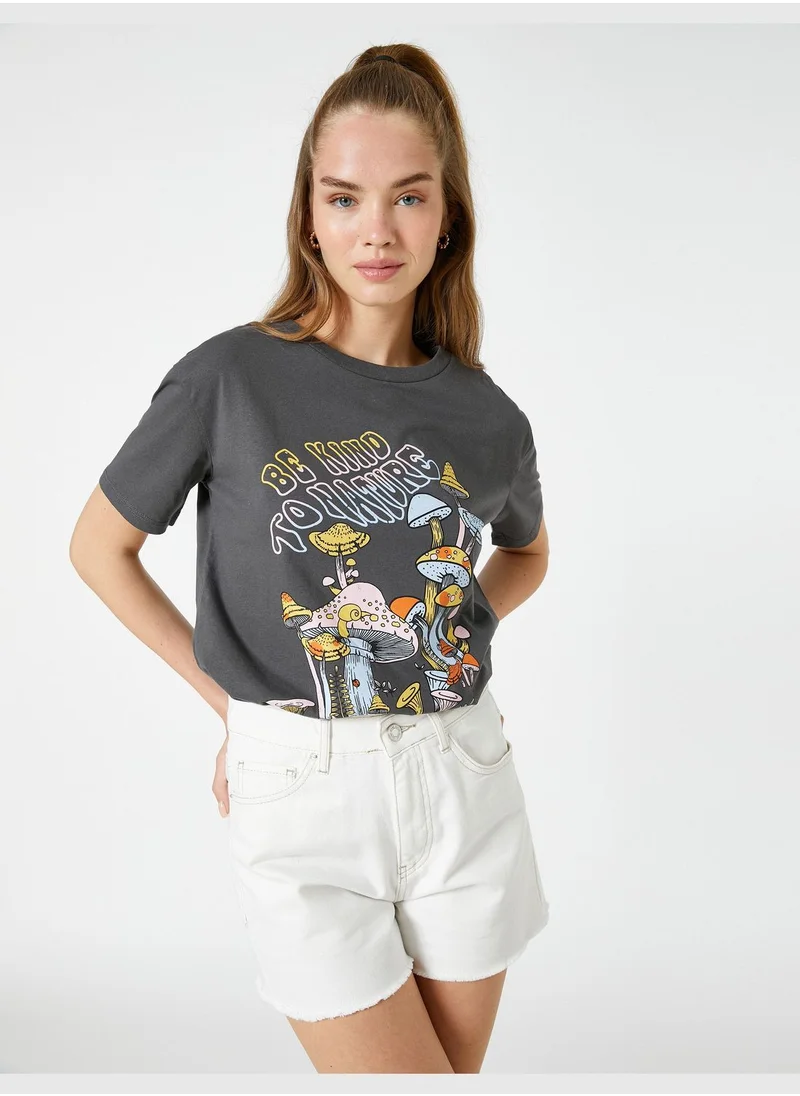 KOTON Crew Neck Short Sleeve Printed Cotton T-Shirt