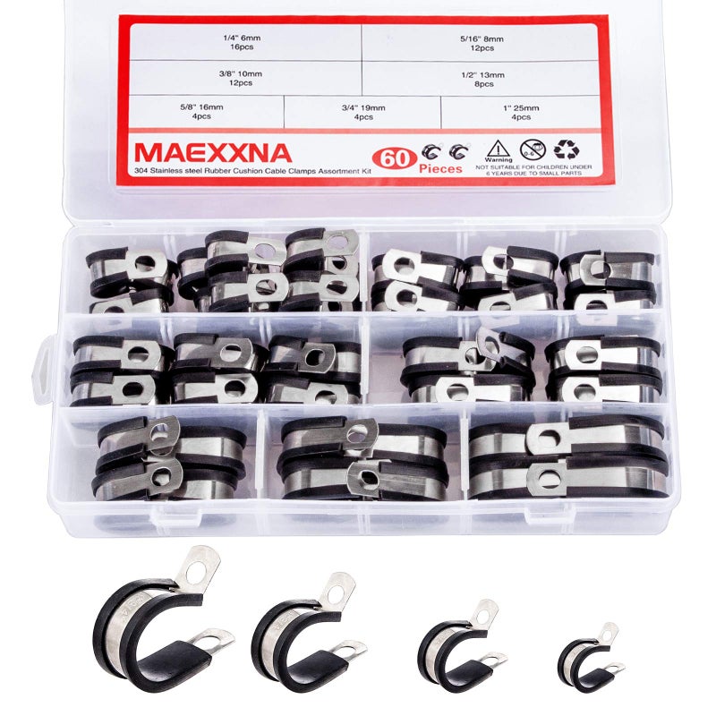 Maexxna 60pcs Wire Clamps Assortment Kit Stainless Steel 304 Rubber Cushion Cable Clamps Assorted in 7 Sizes 14 516 38 12 58 34 1 Pipe Clamp Set for wiring lines and hoses