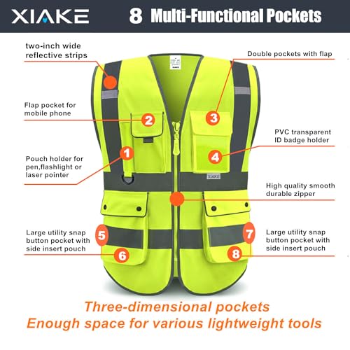 XIAKE 8 Pockets High Visibility Class 2 Reflective Safety Vest for Men & Women Meets ANSI Standards(Large,Yellow) - Image 4