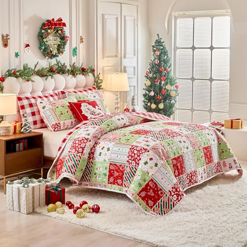 Joyreap 3pcs Christmas Quilt Set King Patchwork Colorful Grid Xmas Design Soft Microfiber Bedspread Coverlet for All Season 102x88 inches - Image 3