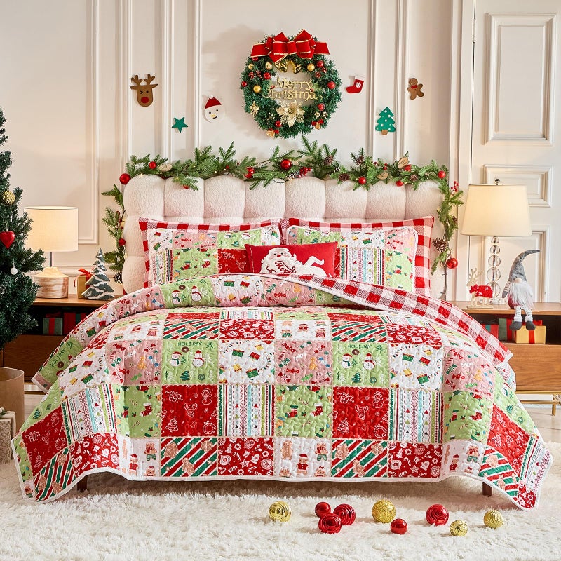 Joyreap 3pcs Christmas Quilt Set King Patchwork Colorful Grid Xmas Design Soft Microfiber Bedspread Coverlet for All Season 102x88 inches - Image 2