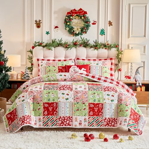 Joyreap 3pcs Christmas Quilt Set King Patchwork Colorful Grid Xmas Design Soft Microfiber Bedspread Coverlet for All Season 102x88 inches - Image 1