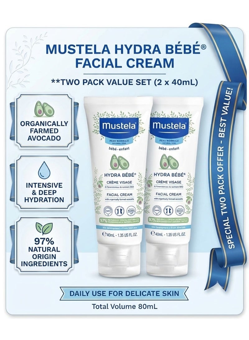 Mustela Hydra Bebe Face Cream pack of 2 –  Daily Baby Moisturizer with Natural Avocado- 40ml - Image 1