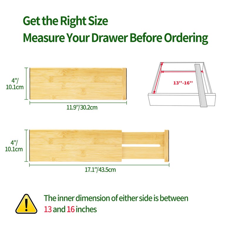 VaeFae 3 Pack Bamboo Drawer Dividers, 4" High Adjustable 11.9-17.1" Clothes Drawer Organizers, Expandable Separators for Bedroom/Bathroom/Kitchen/Office Storage - Image 3
