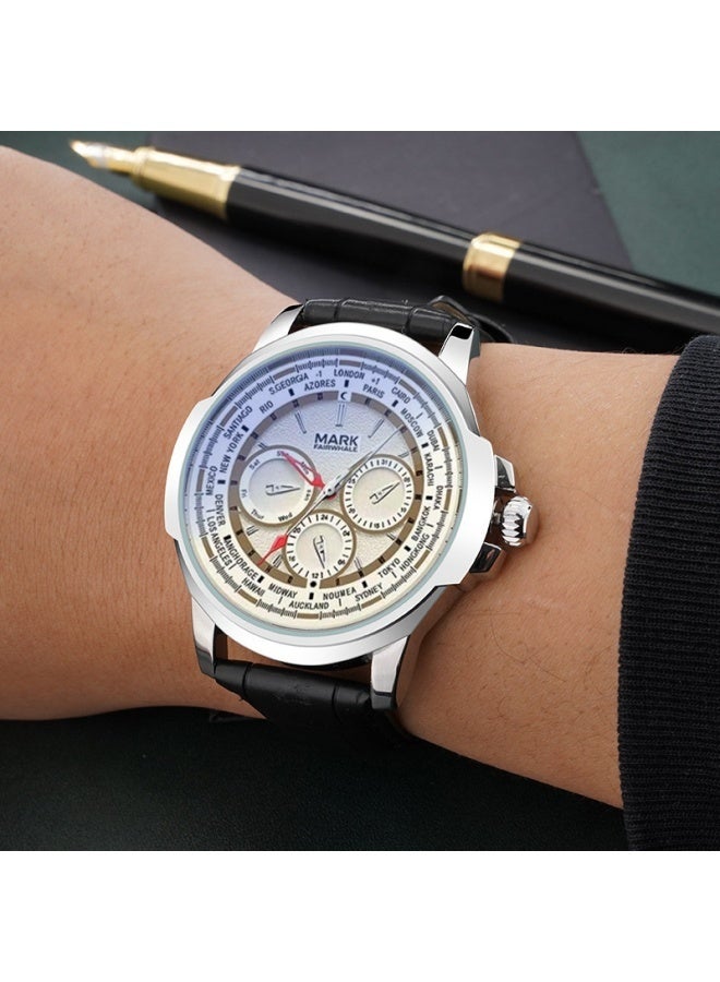 Mark Fairwhale Silver Alloy Dial Quartz Watch with Black Faux Leather Strap, 30m Water Resistance, Business Casual Style - Image 5