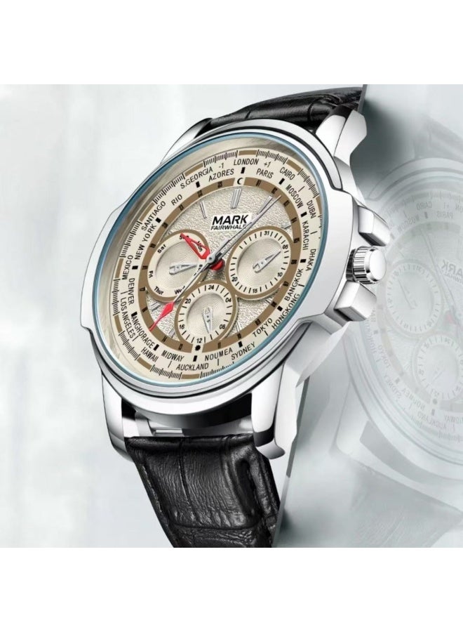 Mark Fairwhale Silver Alloy Dial Quartz Watch with Black Faux Leather Strap, 30m Water Resistance, Business Casual Style - Image 2