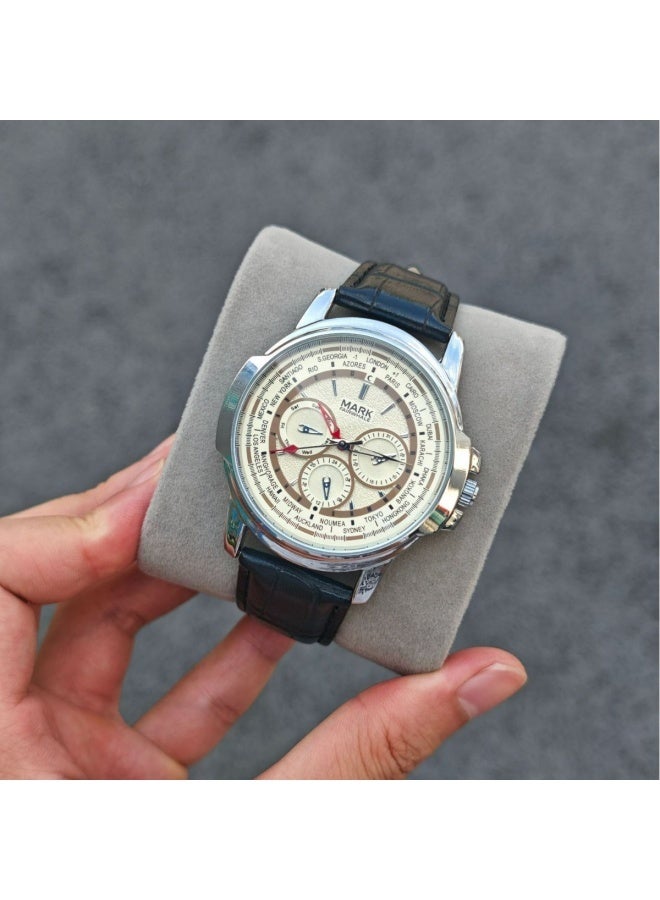 Mark Fairwhale Silver Alloy Dial Quartz Watch with Black Faux Leather Strap, 30m Water Resistance, Business Casual Style - Image 4