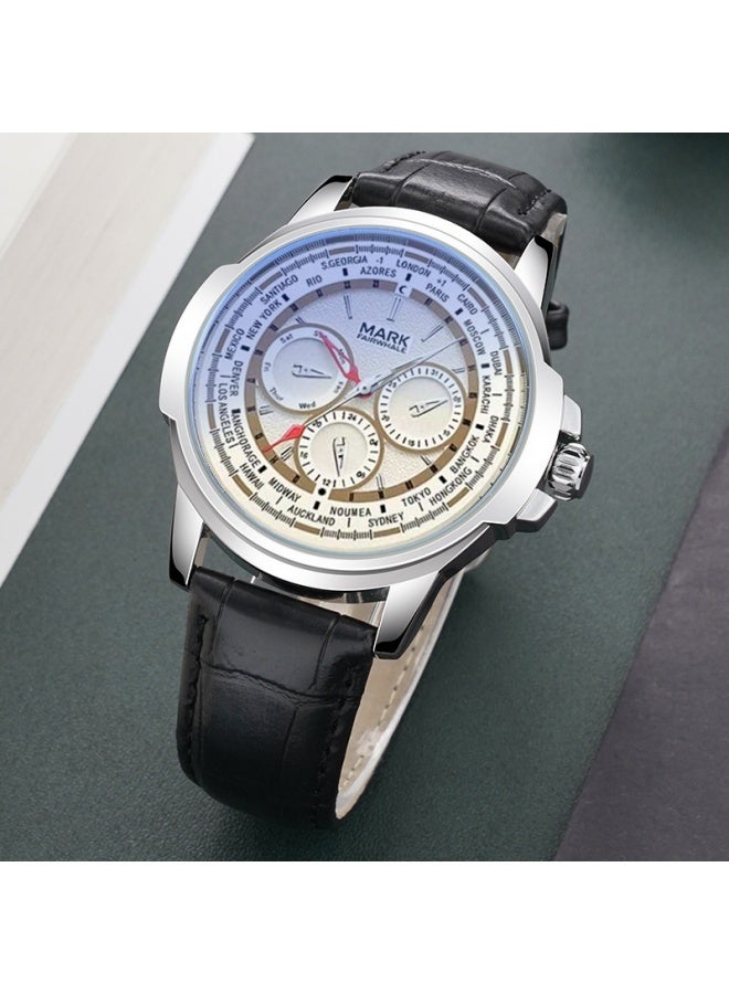 Mark Fairwhale Silver Alloy Dial Quartz Watch with Black Faux Leather Strap, 30m Water Resistance, Business Casual Style - Image 3