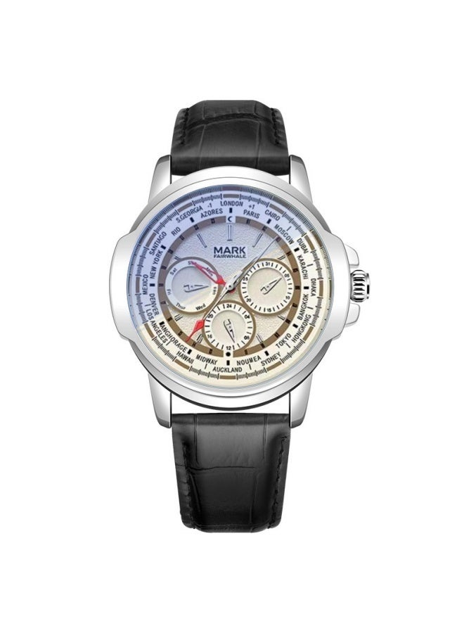 Mark Fairwhale Silver Alloy Dial Quartz Watch with Black Faux Leather Strap, 30m Water Resistance, Business Casual Style - Image 1