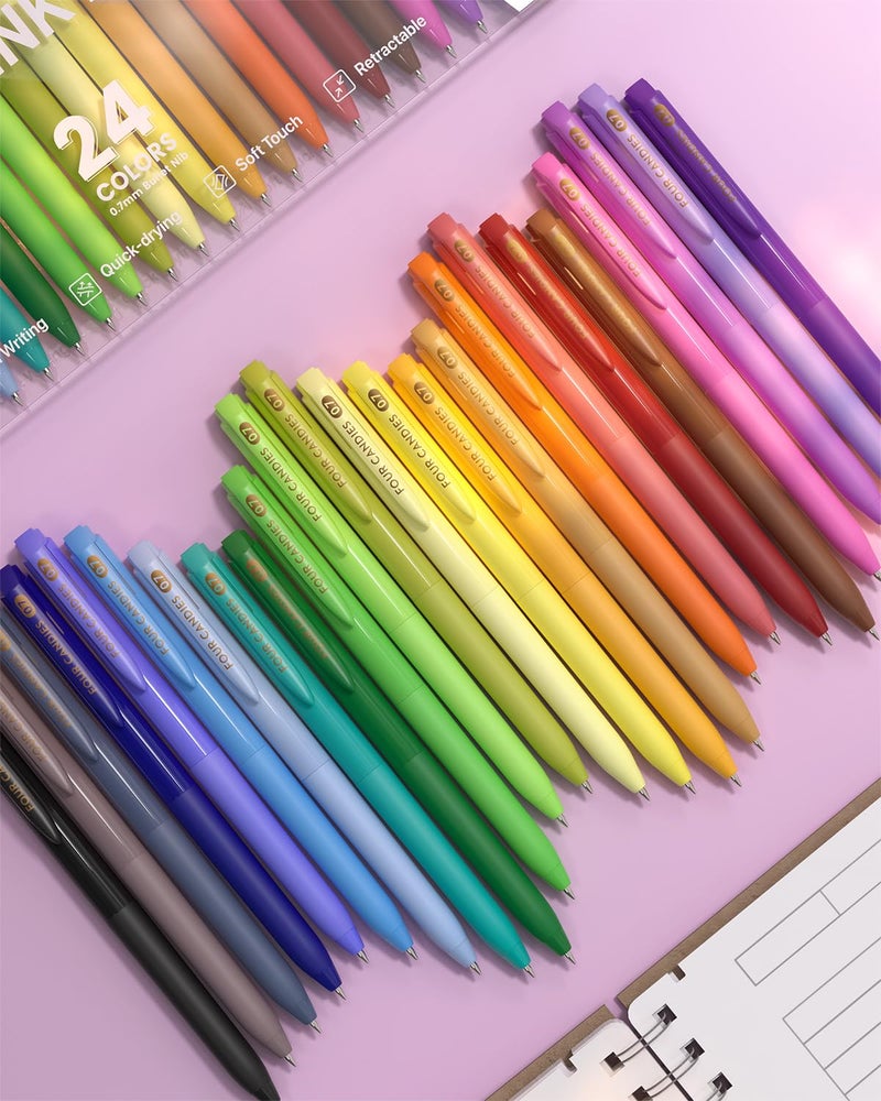 Four Candies Quick Dry Ink Colored Pens Set, 24 Colors Retractable Gel Pen, 0.7mm Fine Point Colorful Pens for Note Taking & Drawing, Colored Gel Pens with Comfort Grip for Office, School & Home - Image 5