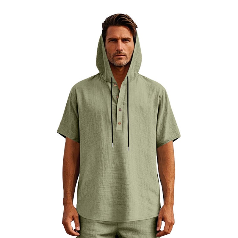 and Linen Short-sleeved Men''s T-shirt Simple Loose Casual Trendy Buckle Beach Hooded Henry Short-sleeved Shirt - Image 1