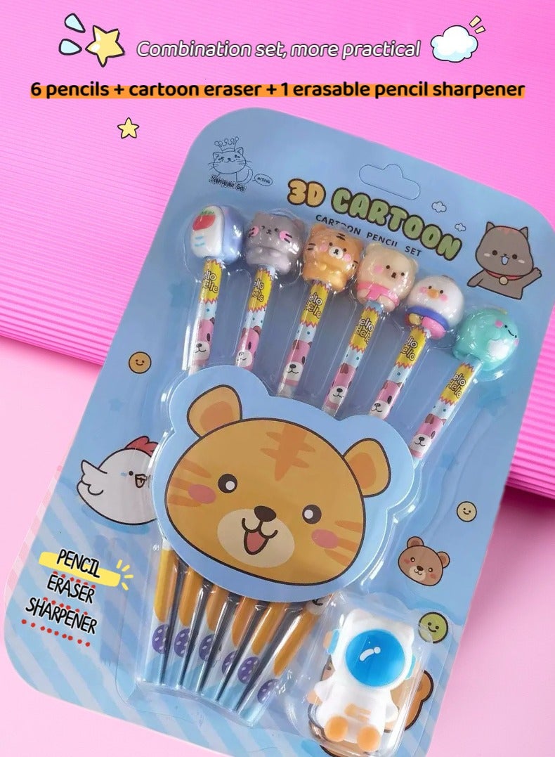 Generic 3D Cartoon Combination stationery set, Pencil with Eraser set,Cute Pencil Sharpener for Kids,Creative Cartoon eraser, School Home Office Supply, School Supplies Students Children Gift  - Image 2