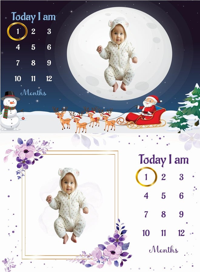 Hoolloomooloo Combo of 2 Baby Milestone Blankets – Santa Moon & Purple Floral Themes for Monthly Photoshoots, Soft Fleece, 12-Month Calendar Design, Ideal for Baby Girl or Boy - Image 1