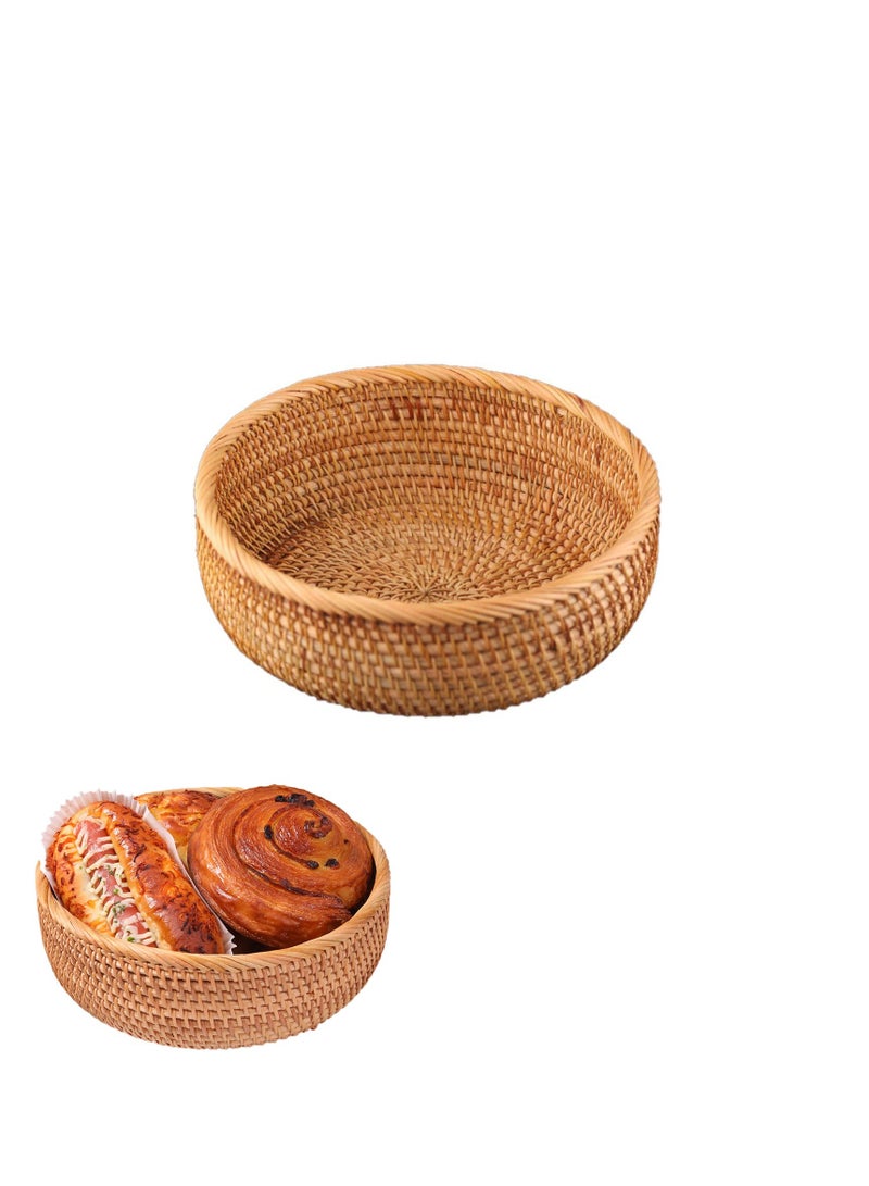 Handwoven Round Rattan Fruit Basket - Wicker Food Tray for Dinning Room - Weaving Storage Holder - Natural Woven Bread Basket - Table Countertop Bowl (Medium 9") - Brown - Image 1